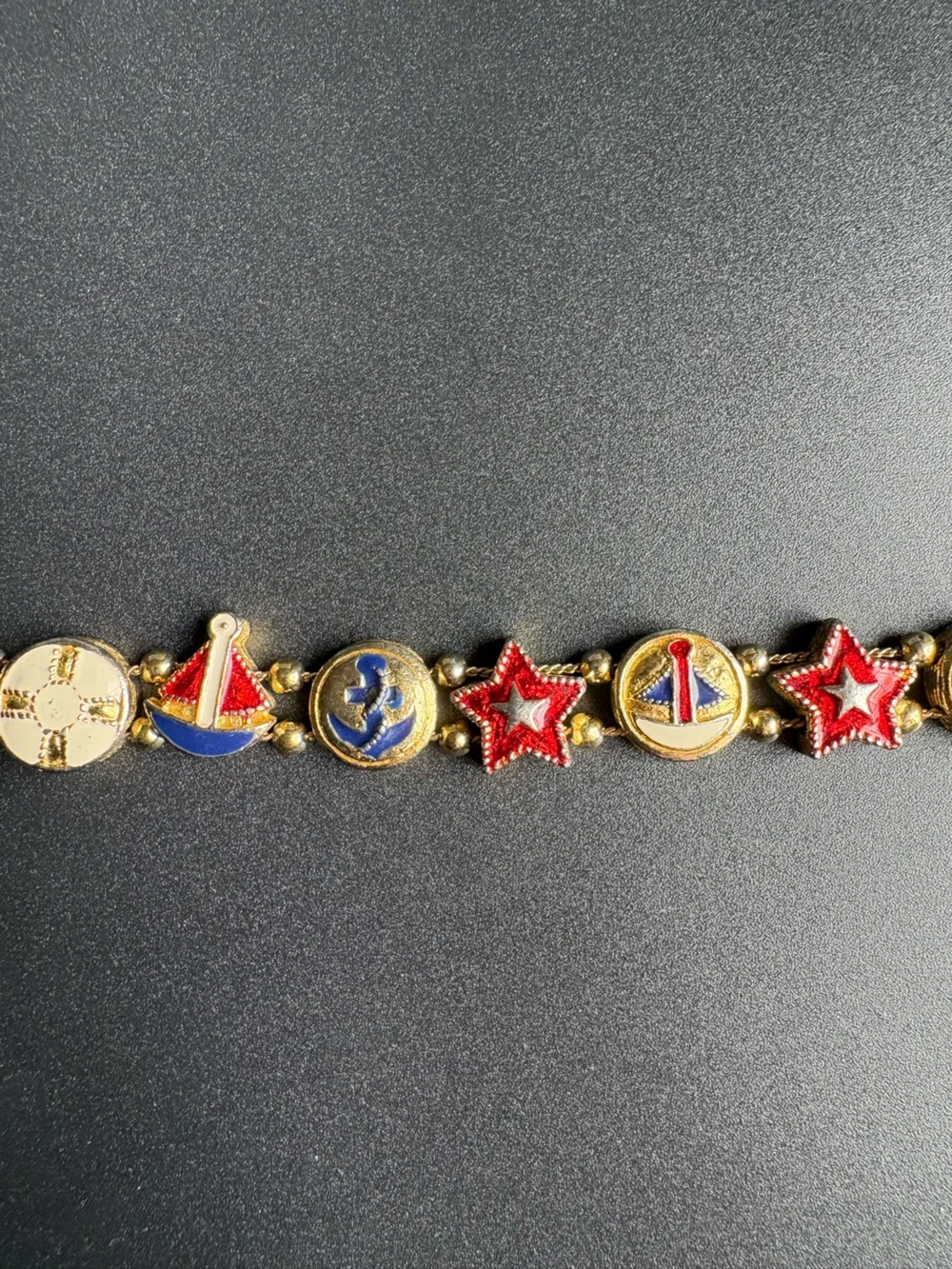 Vintage Nautical Charm Bracelet in Gold, Red, and Blue